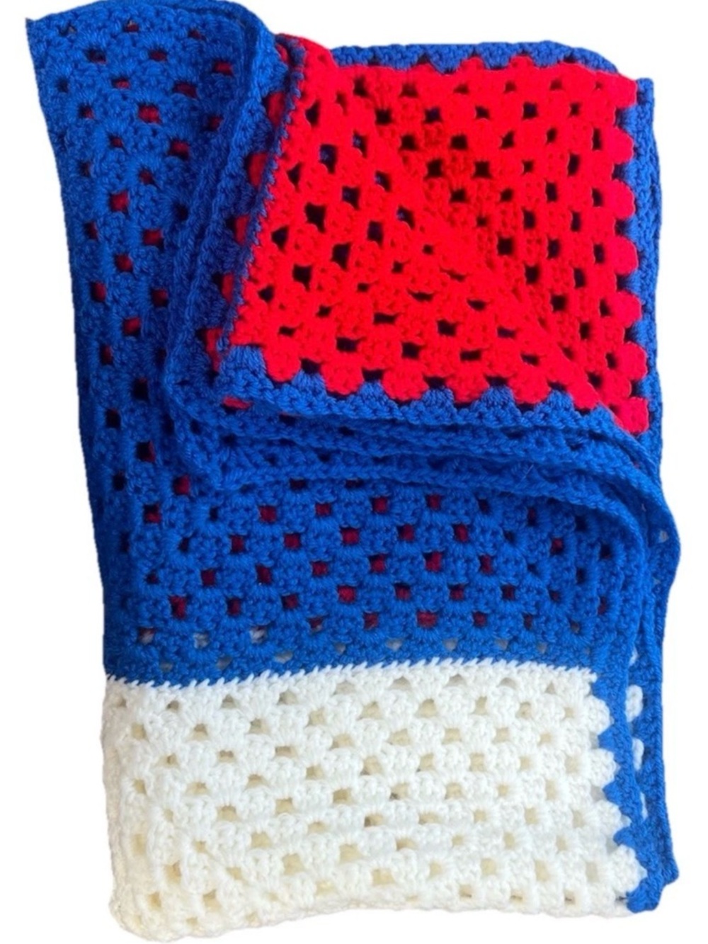 Handmade Red, Blue & White Crochet Granny Square Blanket